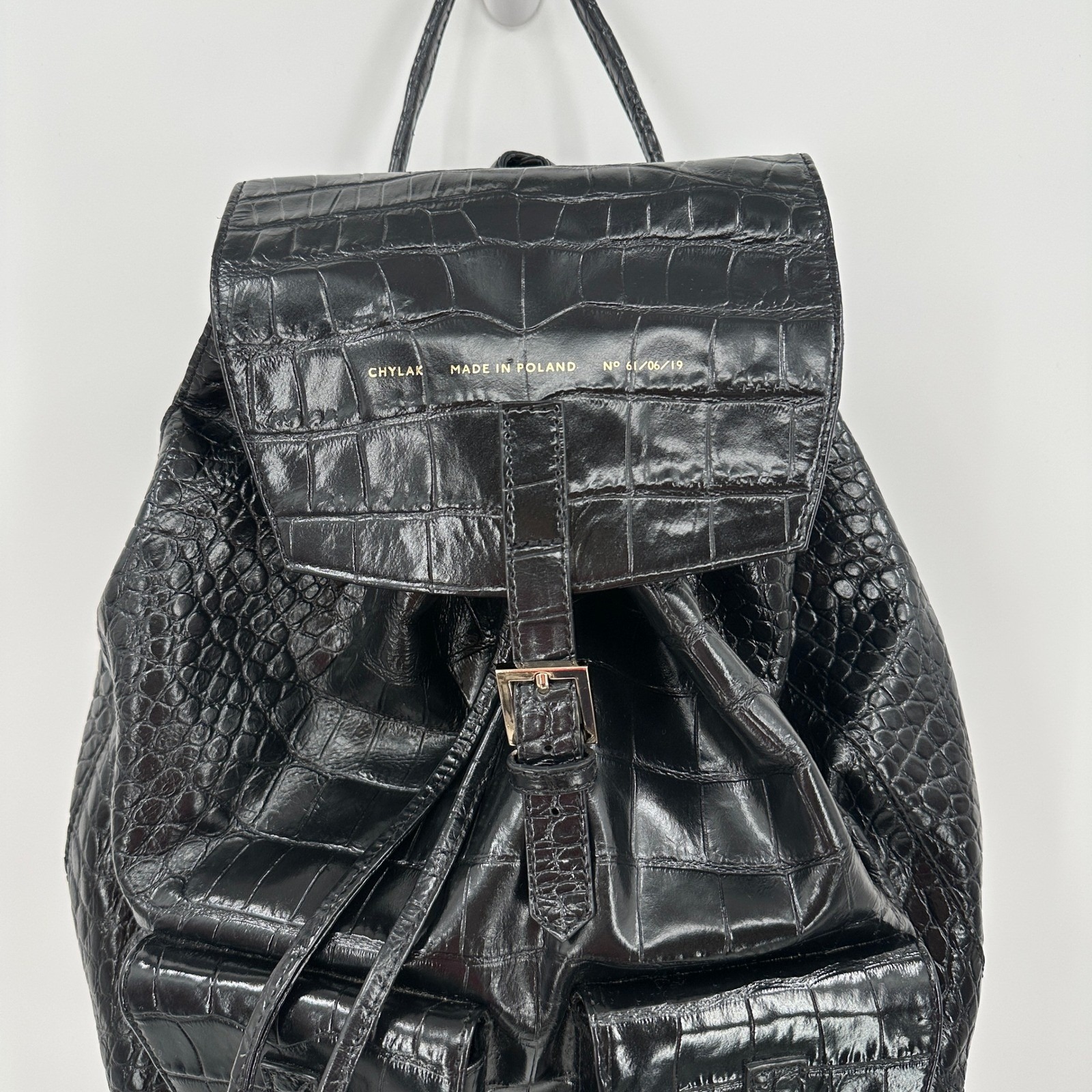 Chylak Big Backpack Glossy Black Crocodile Embossed Leather Poland No 61/06/19 — image 3 of 8
